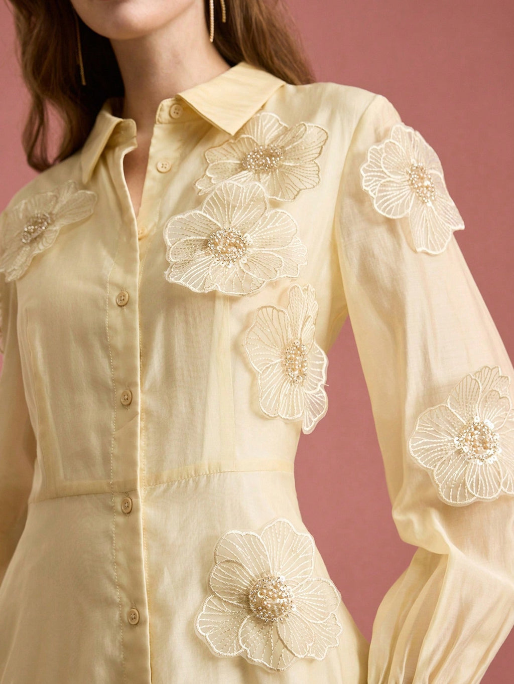 susanna floral Applique Shirt Midi Dress in yellow Avalabel