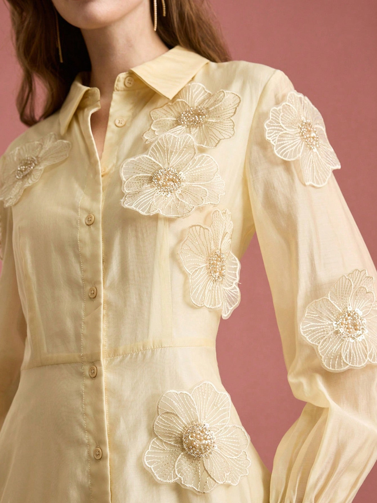 susanna floral Applique Shirt Midi Dress in yellow Avalabel