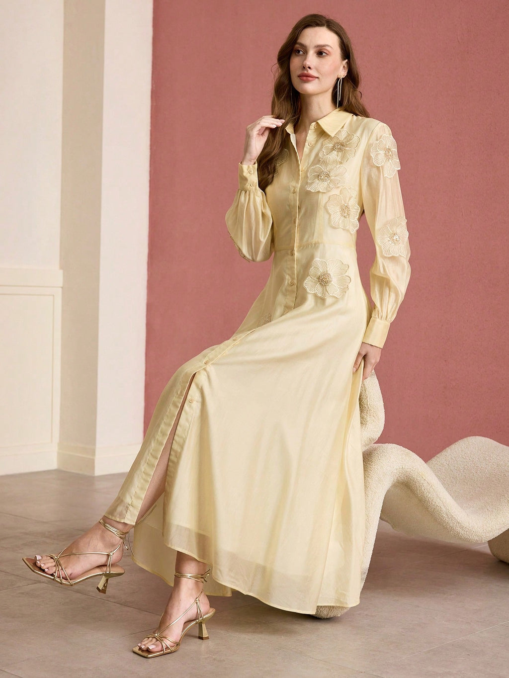 susanna floral Applique Shirt Midi Dress in yellow Avalabel