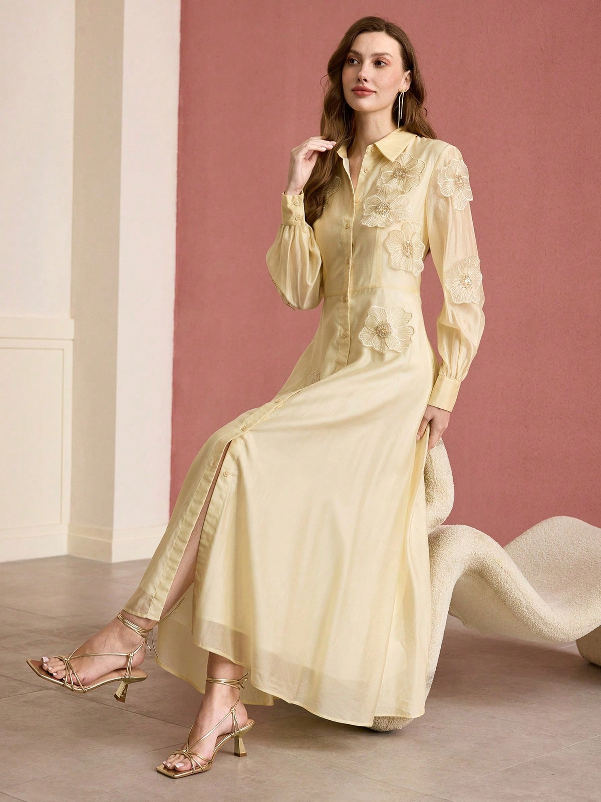 susanna floral Applique Shirt Midi Dress in yellow Avalabel