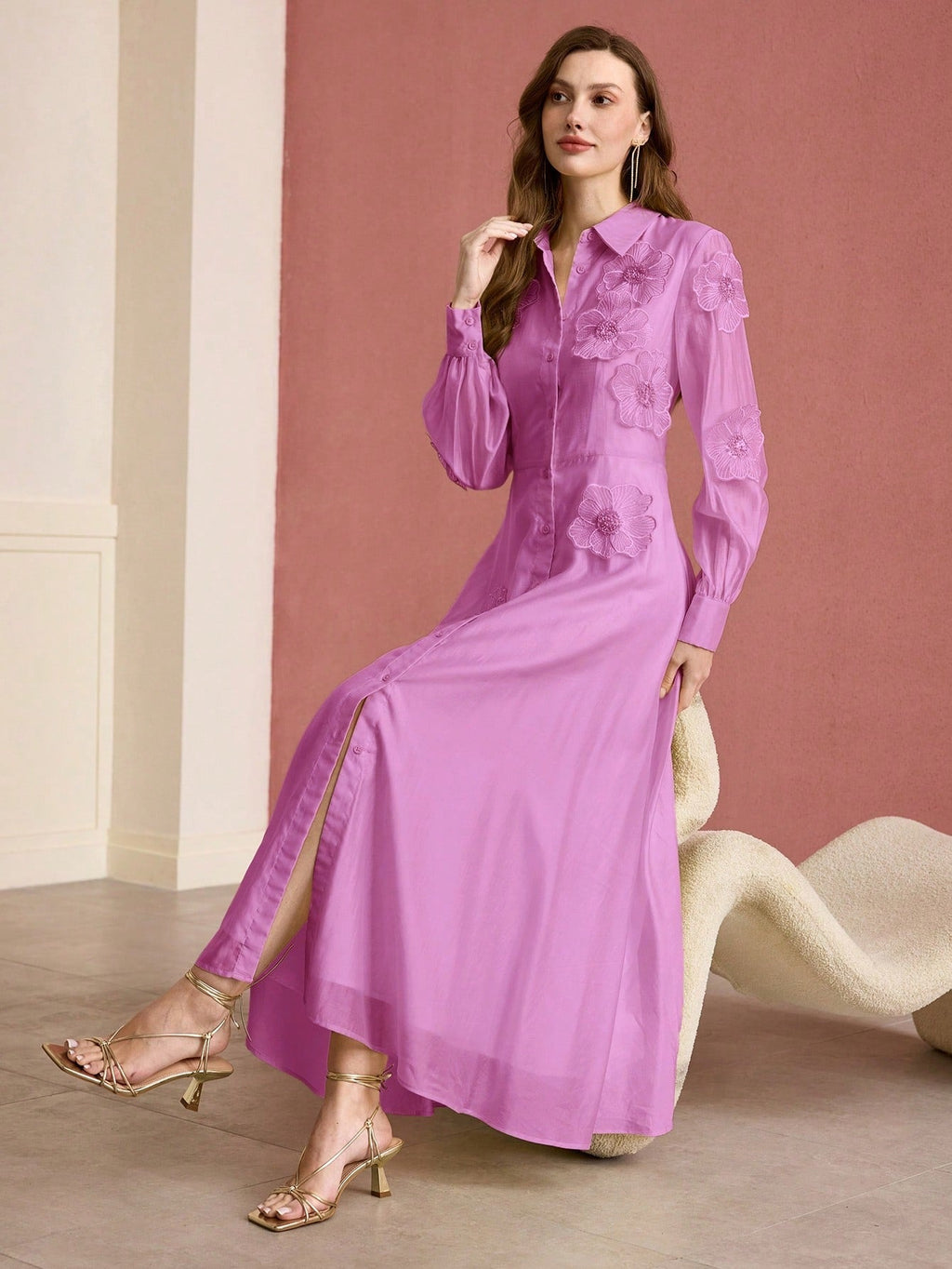 susanna floral Applique Shirt Midi Dress in pink Avalabel