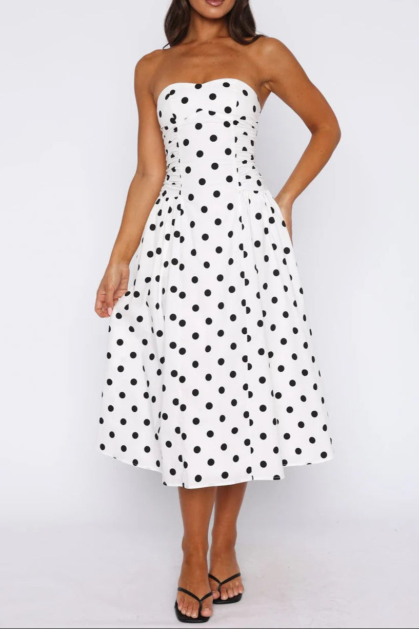 Sandra Polka Dot Strapless Midi Dress in White Avalabel