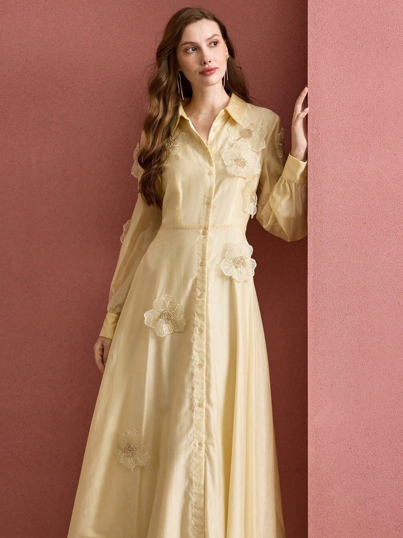 susanna floral Applique Shirt Midi Dress in yellow Avalabel
