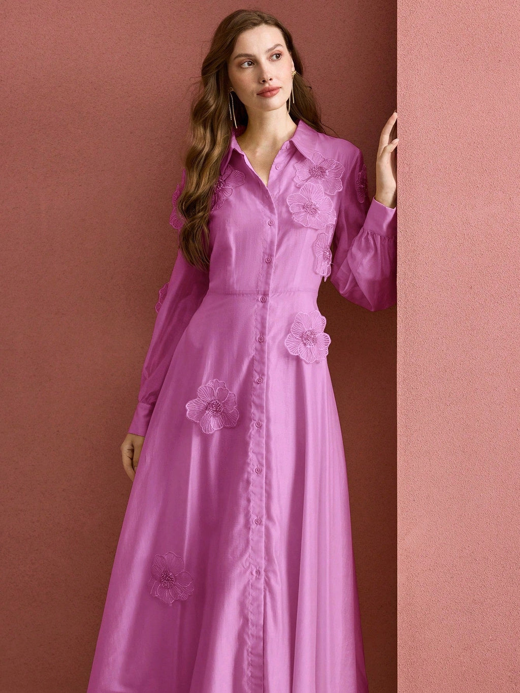 susanna floral Applique Shirt Midi Dress in pink Avalabel