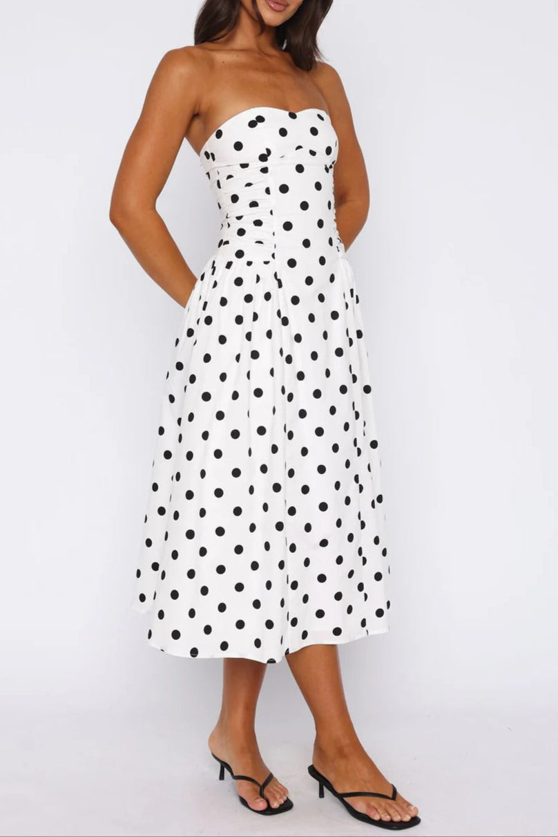 Sandra Polka Dot Strapless Midi Dress in White Avalabel
