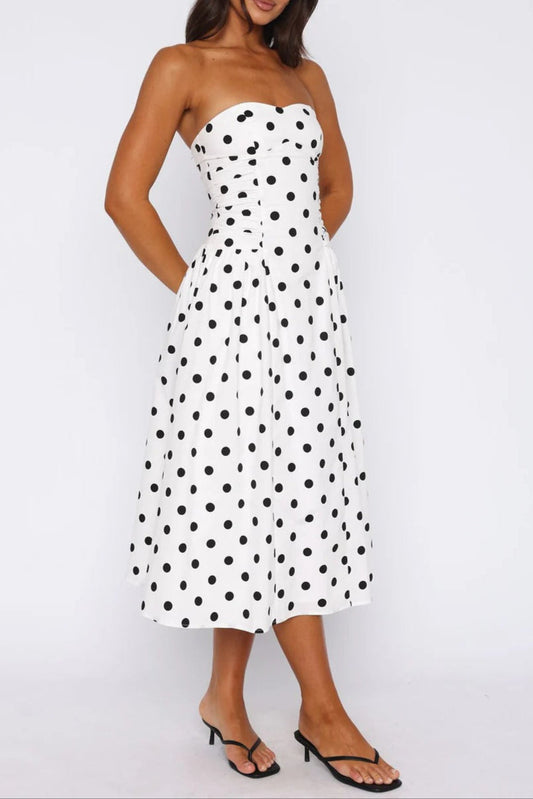 Sandra Polka Dot Strapless Midi Dress in White