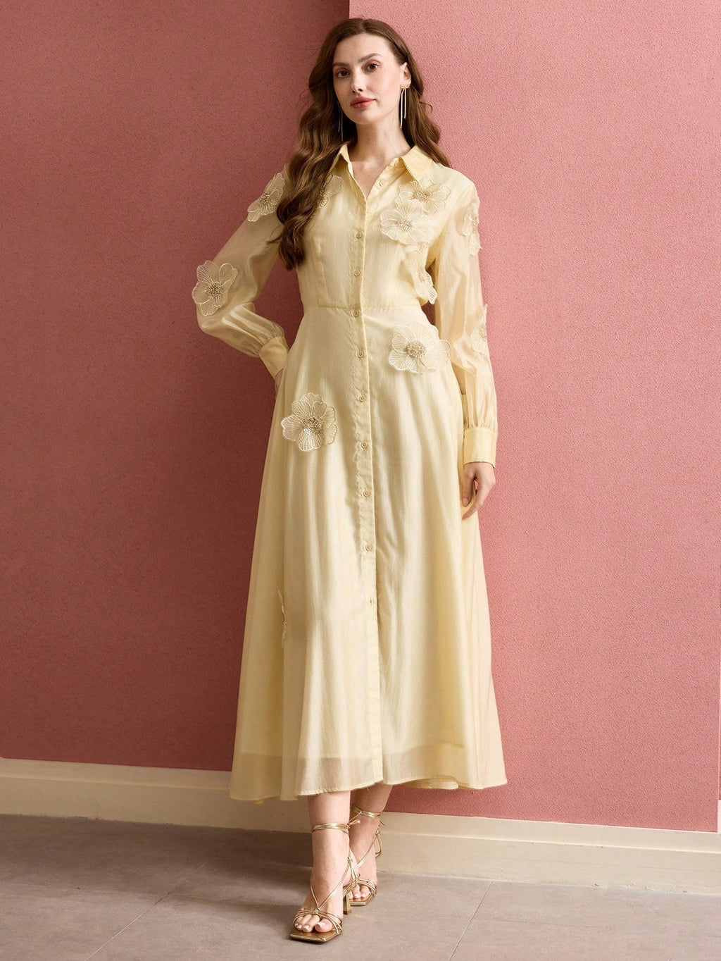 susanna floral Applique Shirt Midi Dress in yellow Avalabel