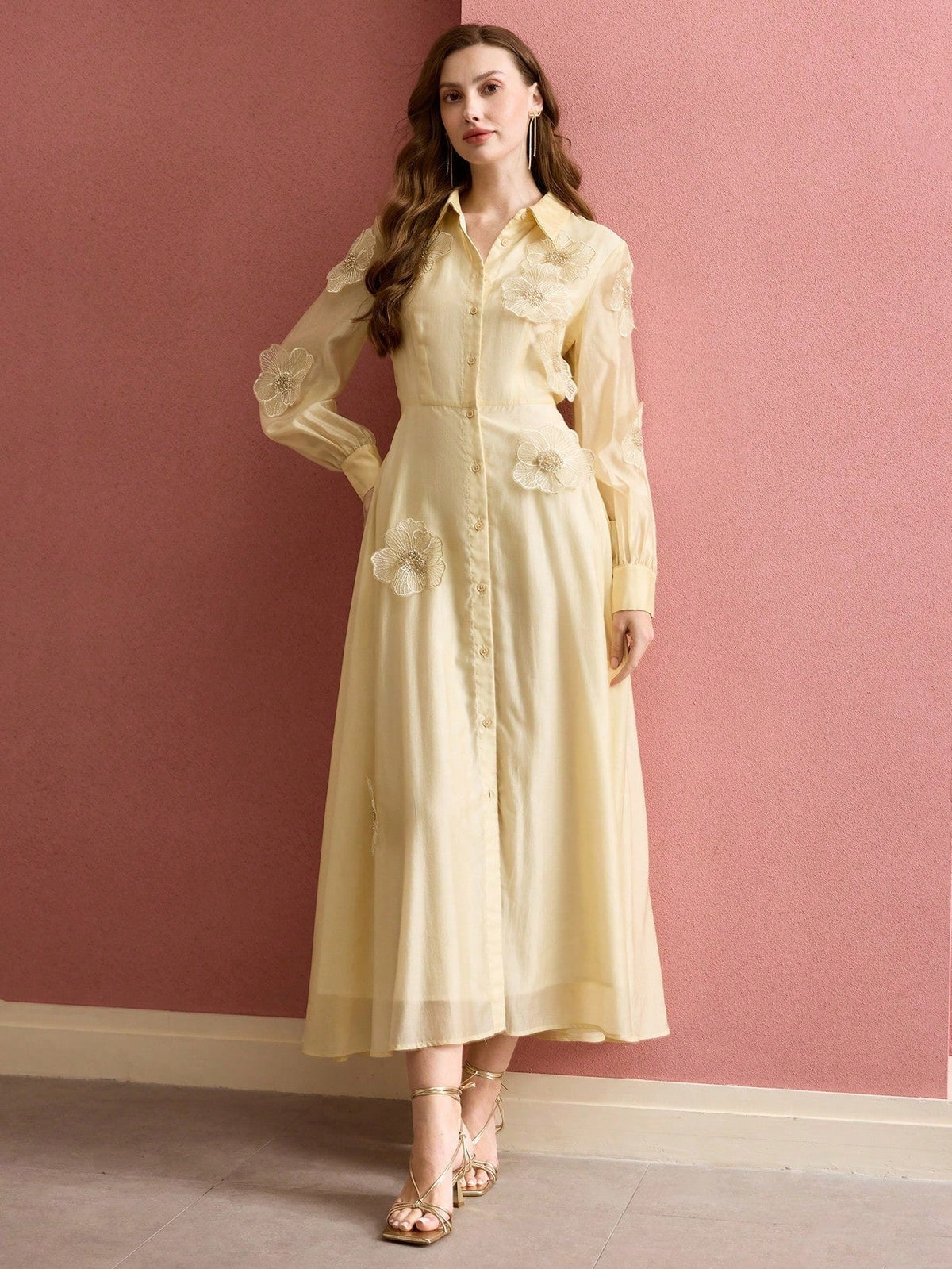 susanna floral Applique Shirt Midi Dress in yellow Avalabel