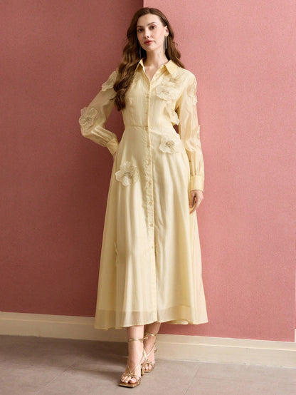 susanna floral Applique Shirt Midi Dress in yellow