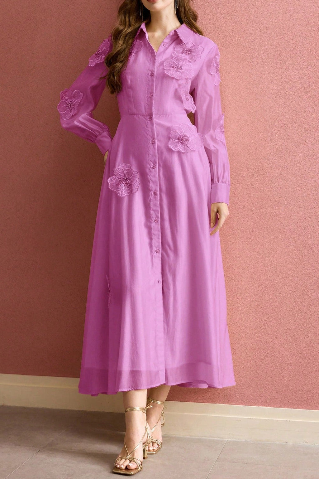 susanna floral Applique Shirt Midi Dress in pink Avalabel