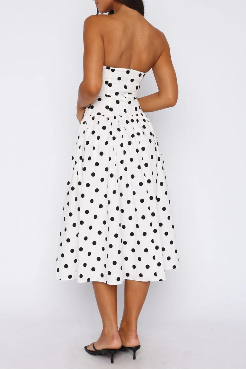 Sandra Polka Dot Strapless Midi Dress in White Avalabel