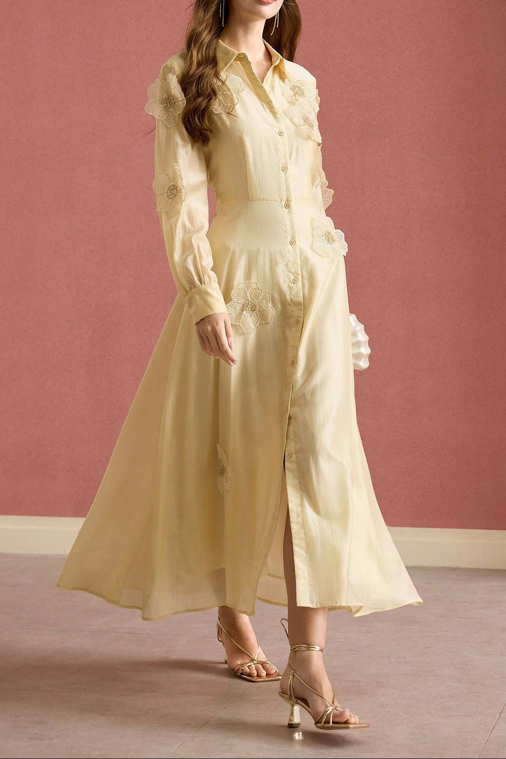 susanna floral Applique Shirt Midi Dress in yellow Avalabel