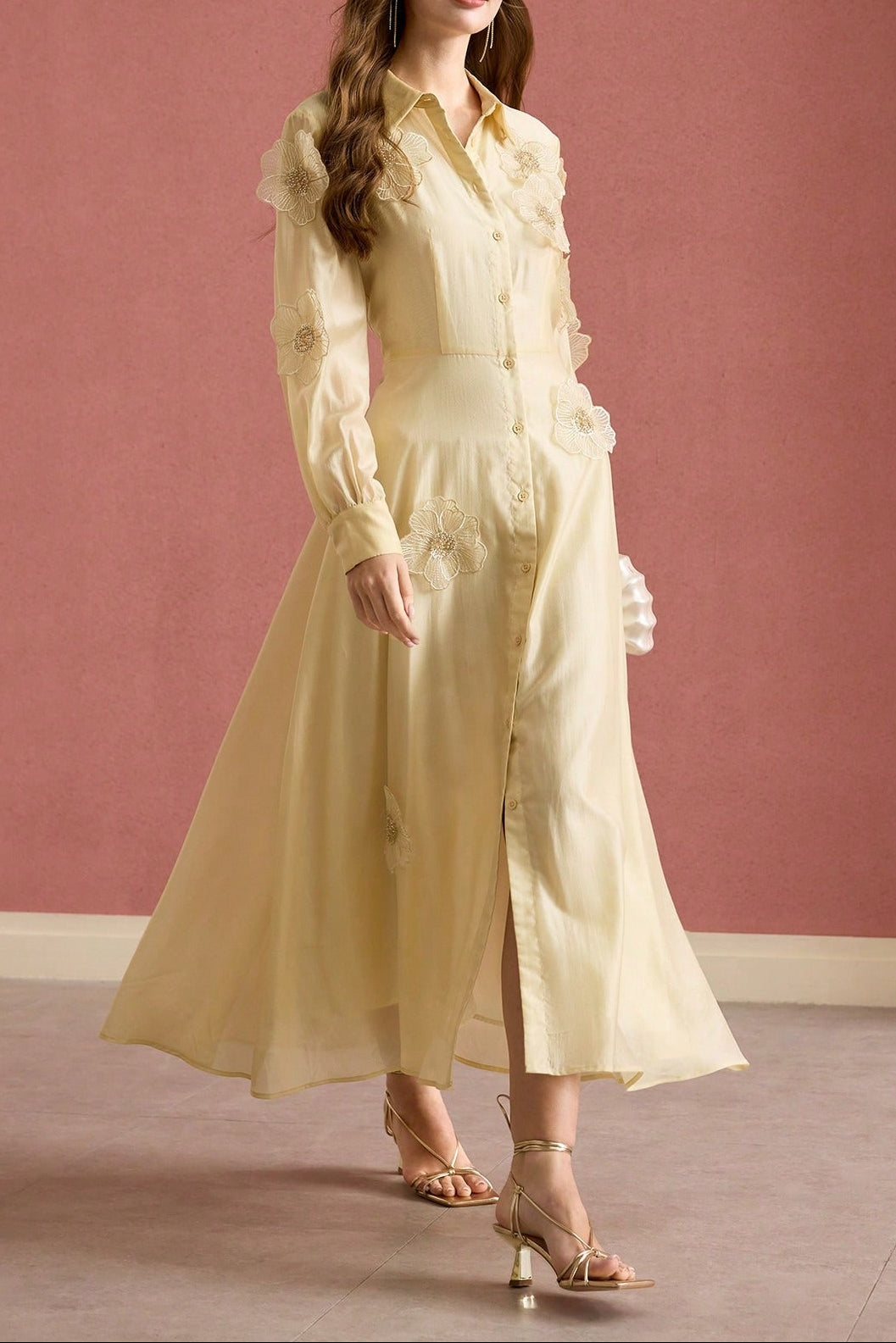 susanna floral Applique Shirt Midi Dress in yellow Avalabel
