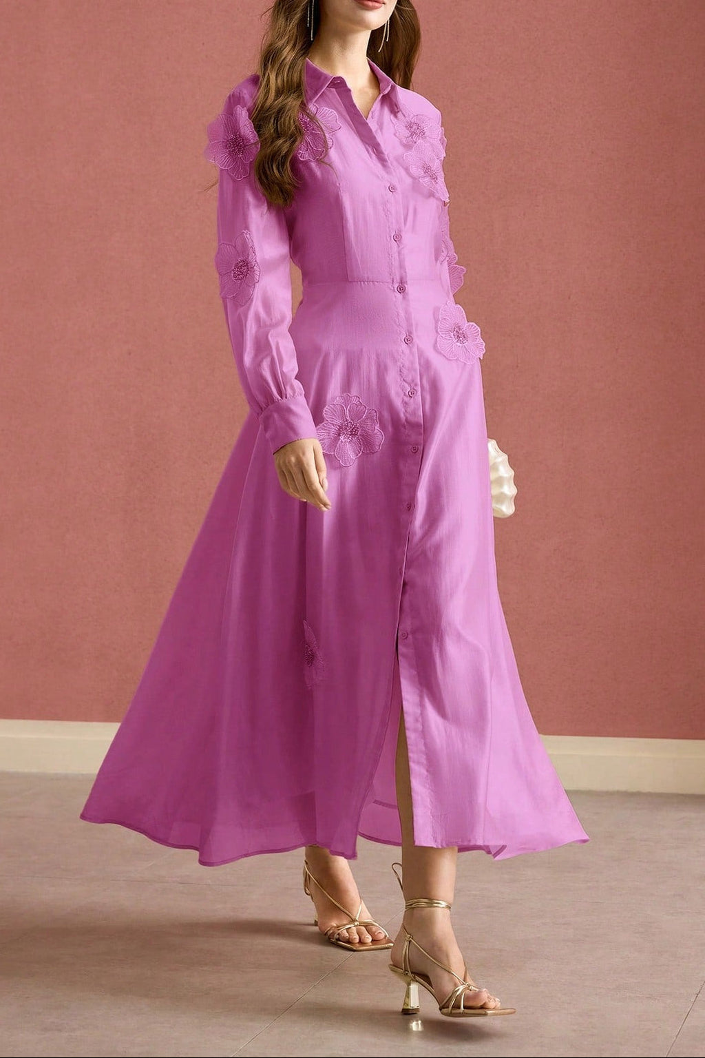 susanna floral Applique Shirt Midi Dress in pink Avalabel