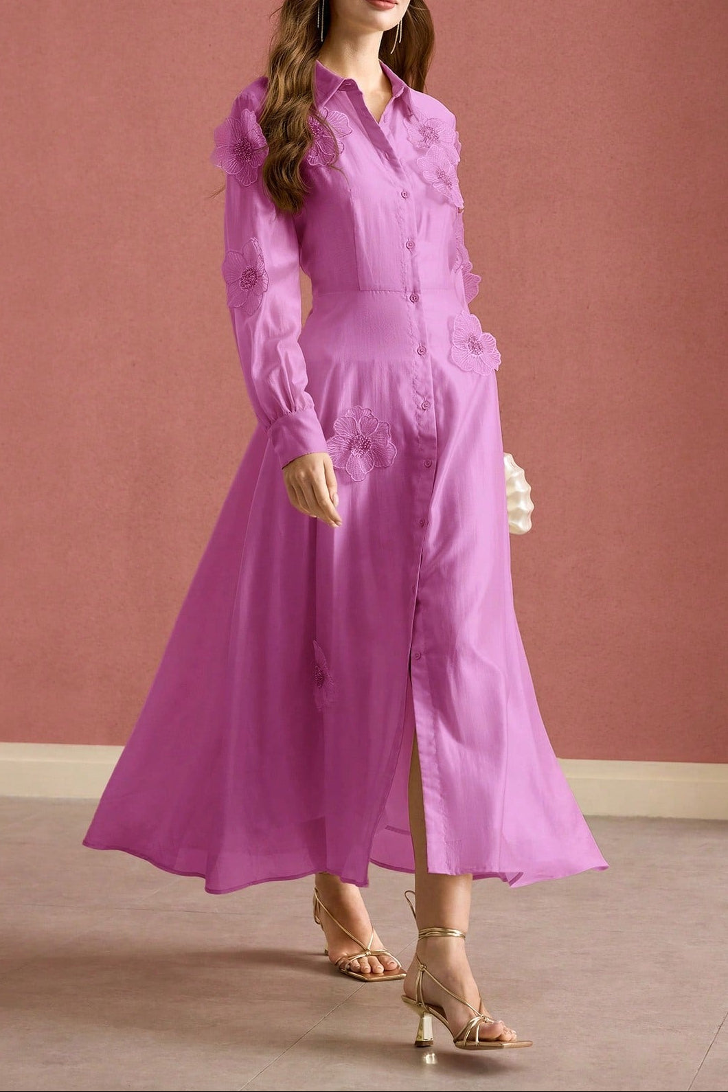 susanna floral Applique Shirt Midi Dress in pink Avalabel
