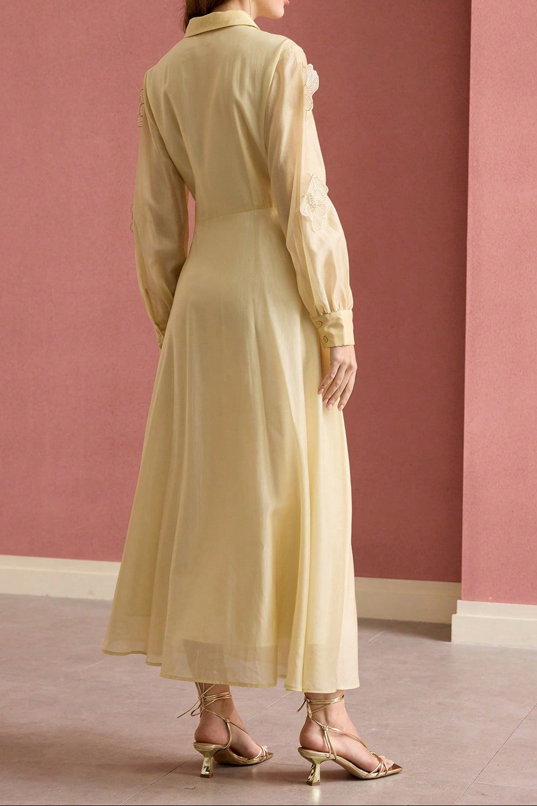 susanna floral Applique Shirt Midi Dress in yellow Avalabel