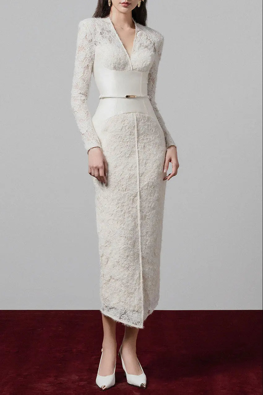 kimberley white v-neck lace patchwork midi dress Avalabel
