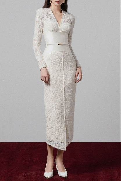 kimberley white v-neck lace patchwork midi dress