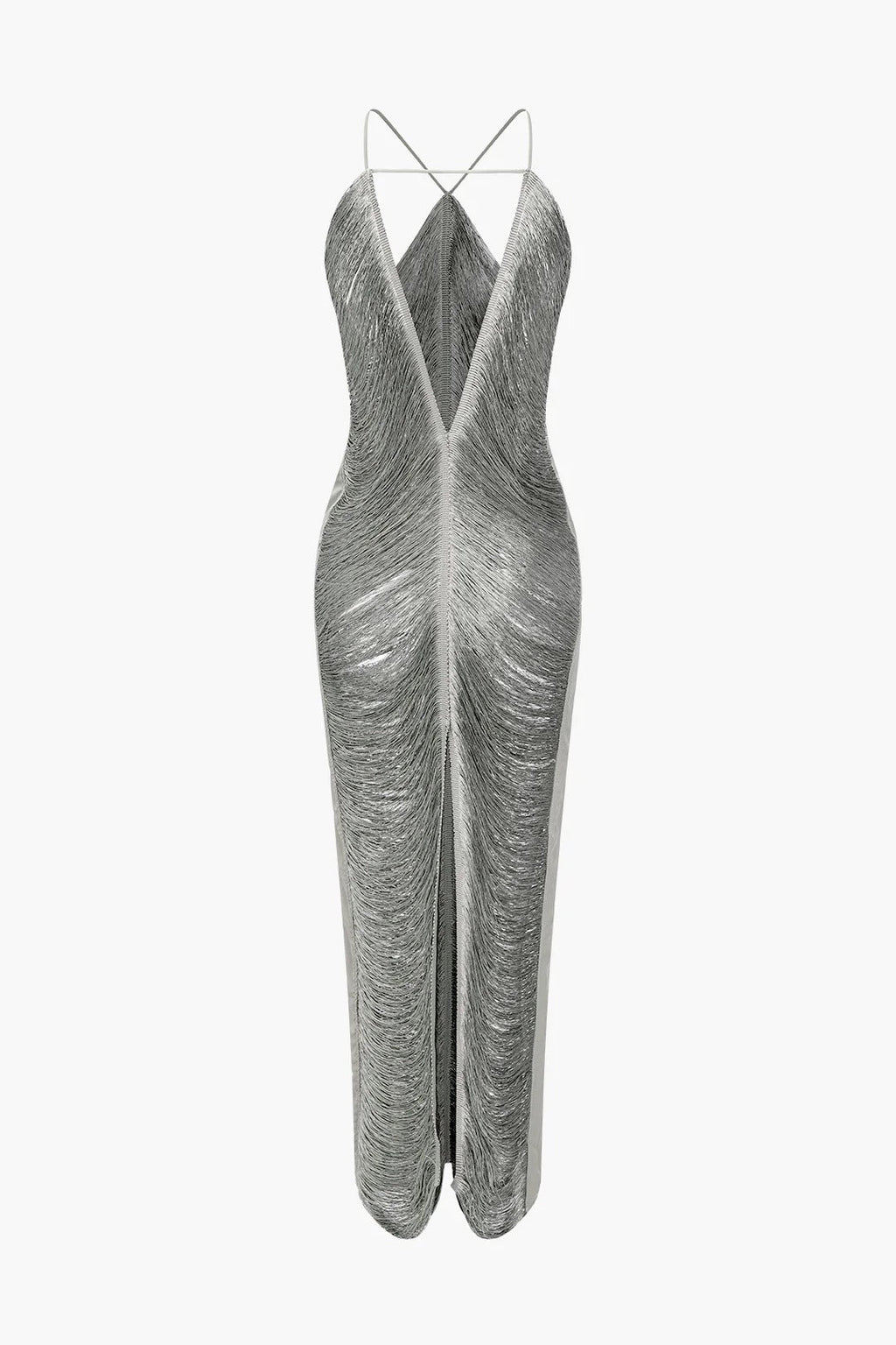 tassel rear slit halterneck dress Avalabel