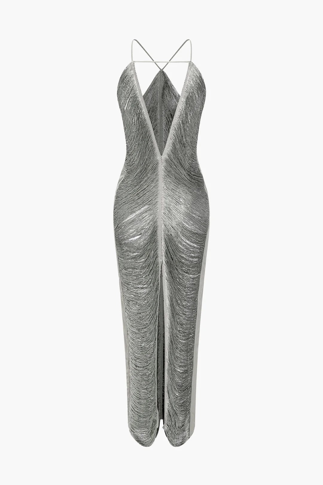 tassel rear slit halterneck dress Avalabel