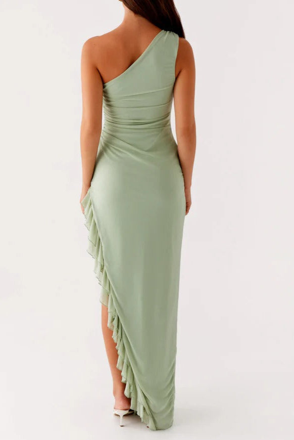 One-Shoulder Slit Ruffle Trim Maxi Dress in Sage Green Avalabel