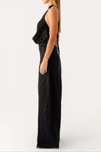 Sequin Cutout Halter Backless Maxi Dress in Black Avalabel