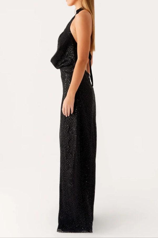 Sequin Cutout Halter Backless Maxi Dress in Black Avalabel