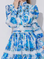 sabrina Lace-paneled printed lantern sleeves mini dress in blue Avalabel