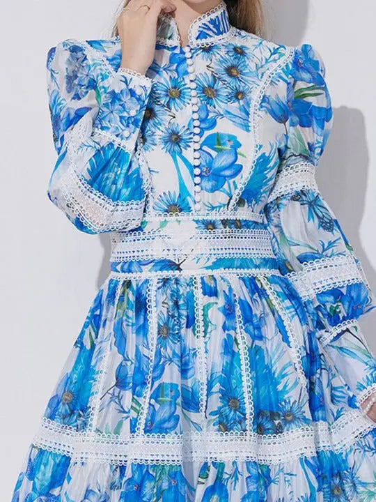 sabrina Lace-paneled printed lantern sleeves mini dress in blue Avalabel