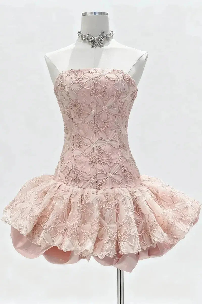 katherine Embroidered Lace Ruffle Mini Dress in pink Avalabel