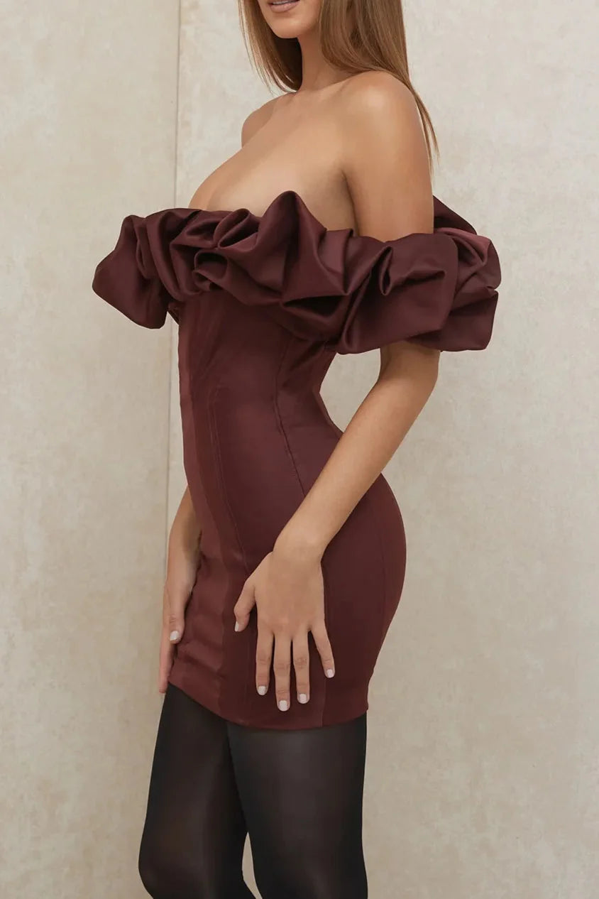 Burgundy Satin Ruffle Strapless Mini Dress Avalabel