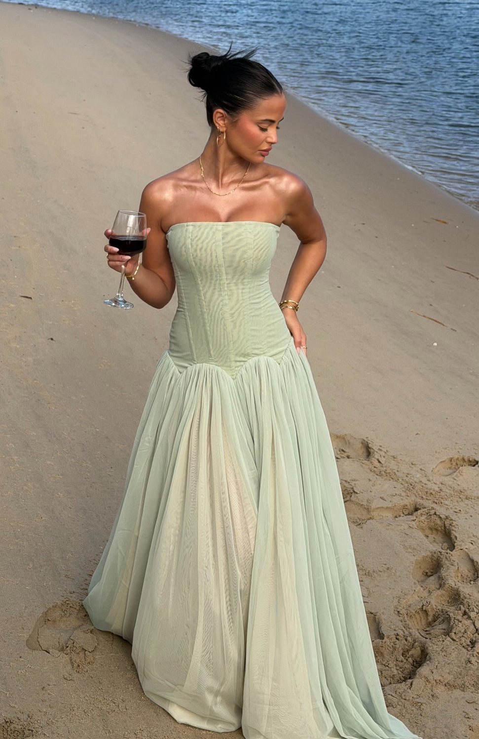 Sabrina Tulle Strapless Maxi Dress - Green Avalabel