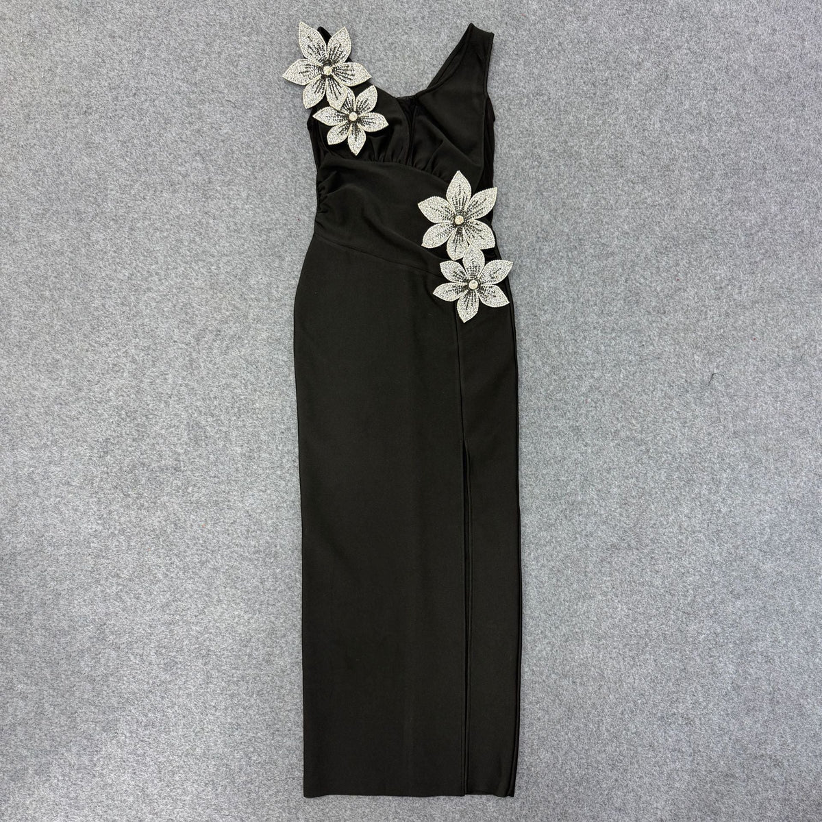rita black 3D Floral Rhinestone Bodycon Slit Maxi Bandage Dress Avalabel