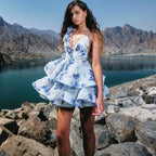 Helen 3D Flower Chiffon Ruffle Mini Dress in Blue Avalabel