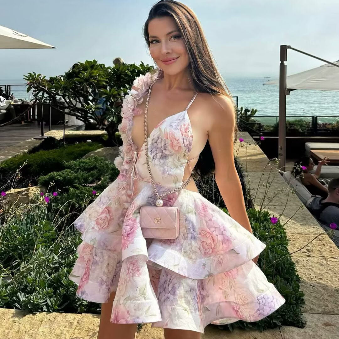 Helen 3D Flower Chiffon Ruffle Mini Dress in Pink Avalabel