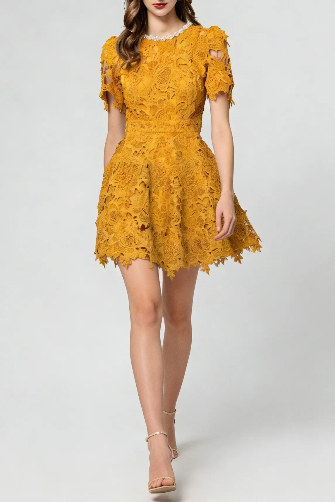 Sylvia Orange Beaded Hollow Crochet Mini Dress Avalabel