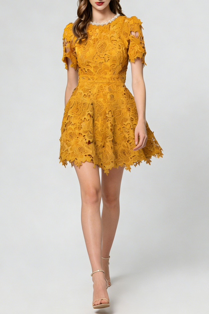 Sylvia Orange Beaded Hollow Crochet Mini Dress
