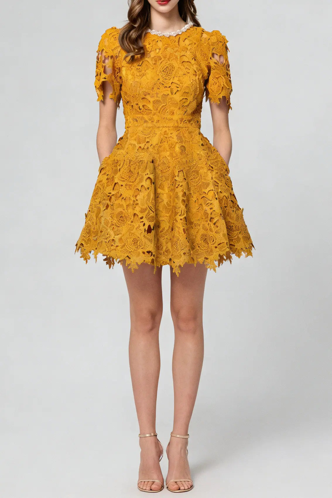Sylvia Orange Beaded Hollow Crochet Mini Dress Avalabel