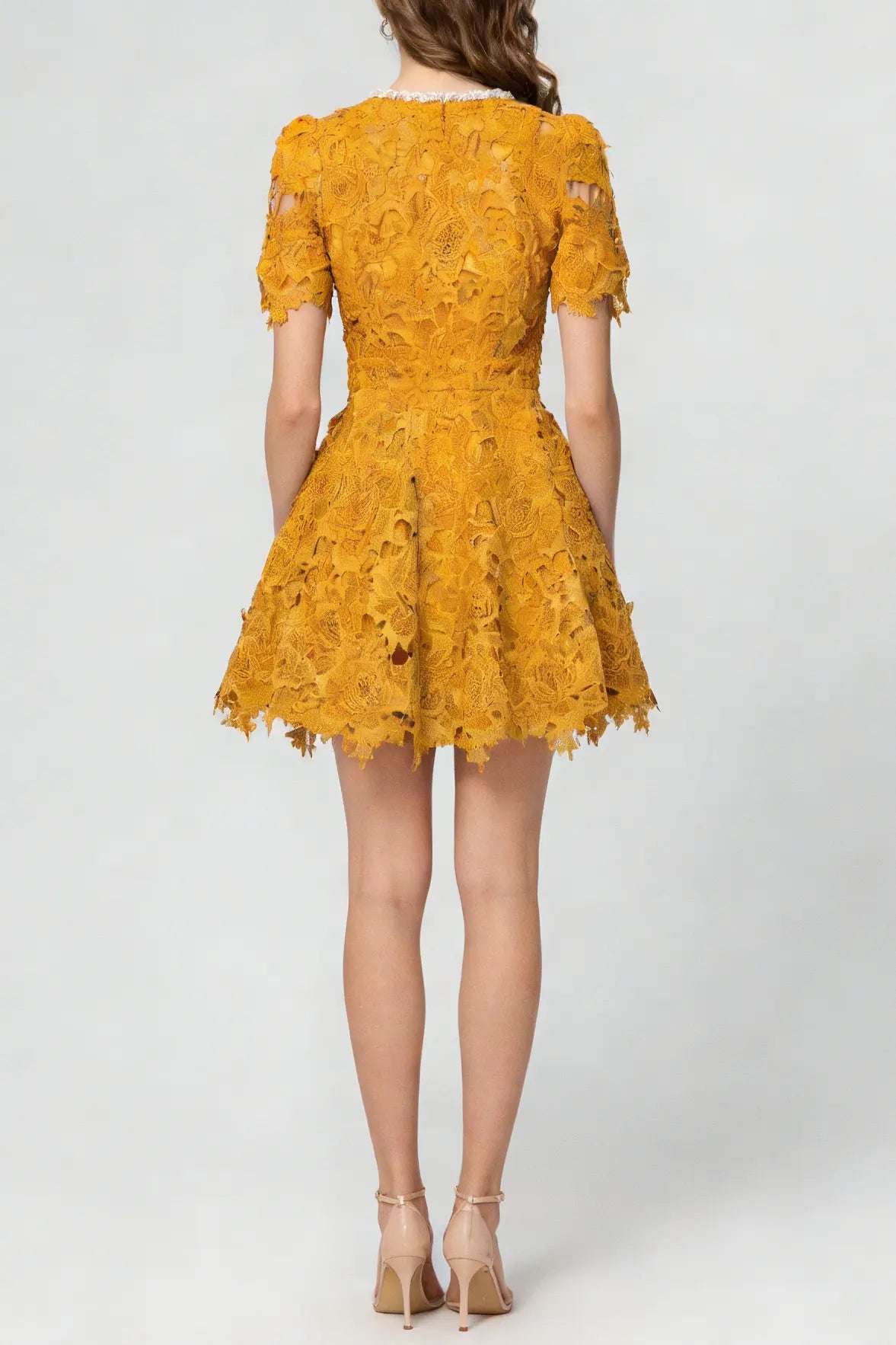 Sylvia Orange Beaded Hollow Crochet Mini Dress Avalabel
