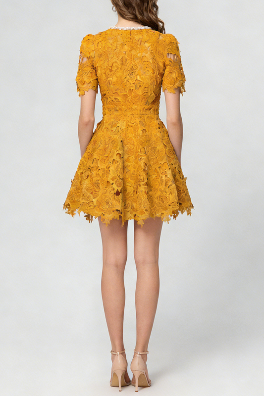 Sylvia Orange Beaded Hollow Crochet Mini Dress