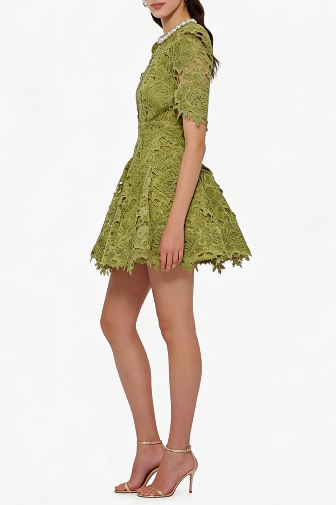 Sylvia Green Beaded Hollow Crochet Mini Dress
