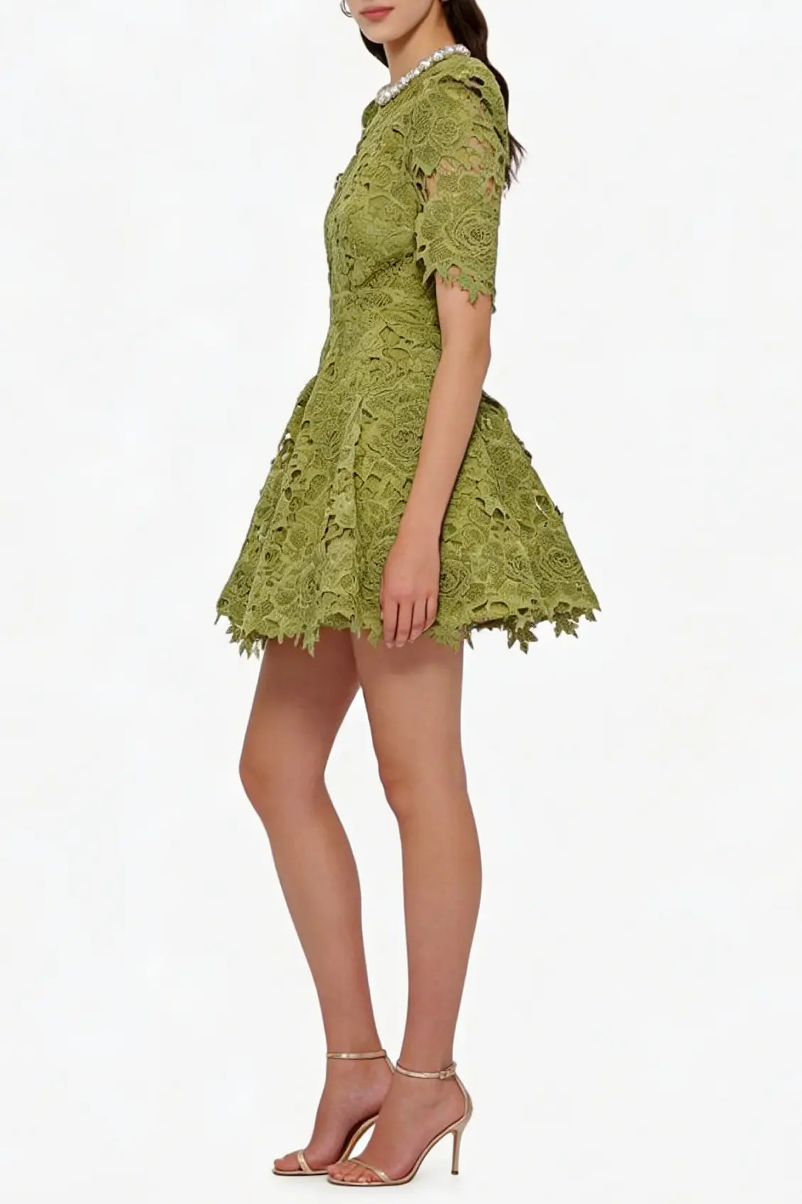 Sylvia Green Beaded Hollow Crochet Mini Dress Avalabel