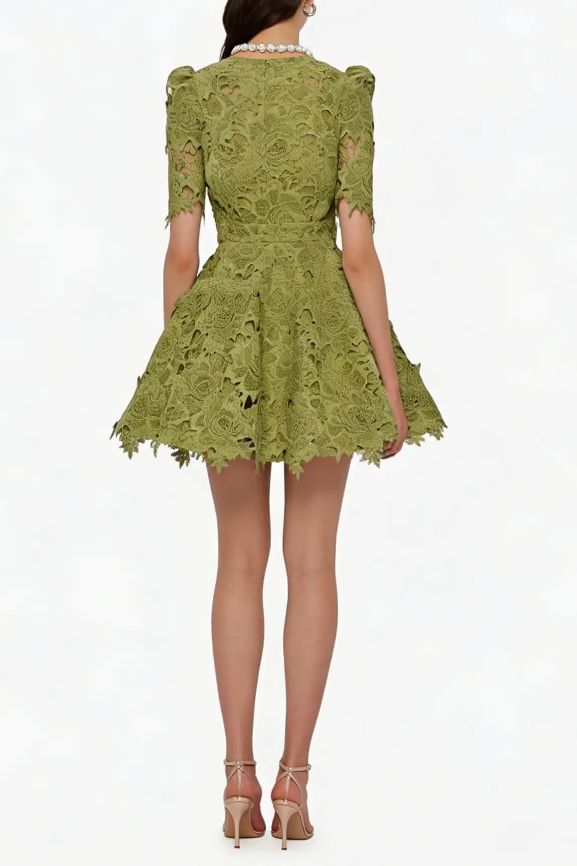 Sylvia Green Beaded Hollow Crochet Mini Dress Avalabel