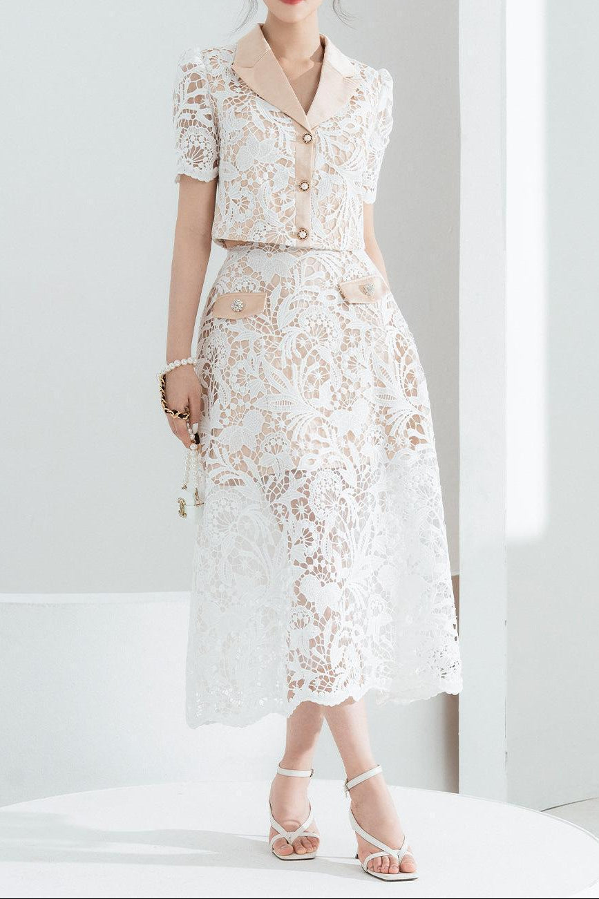 Leona Cropped Peak Lapel Lace Top Skirt Set in White