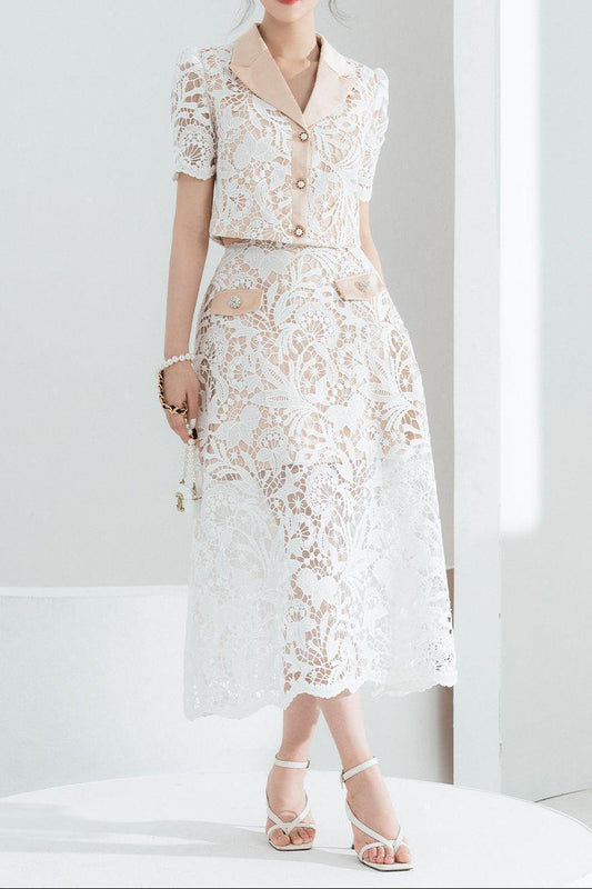 Leona Cropped Peak Lapel Lace Top Skirt Set in White