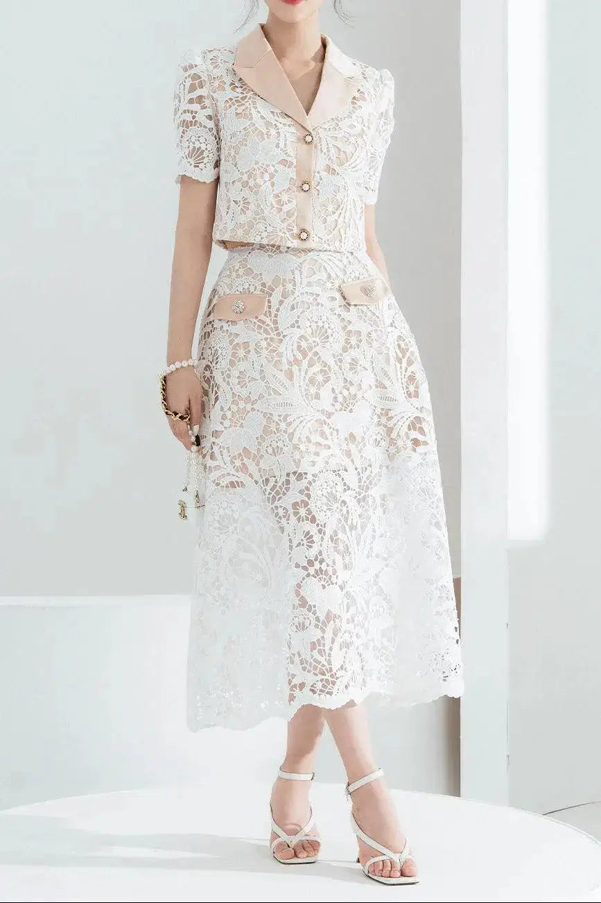 Leona Cropped Peak Lapel Lace Top Skirt Set in White Avalabel