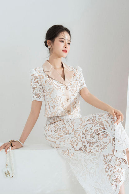 Leona Cropped Peak Lapel Lace Top Skirt Set in White