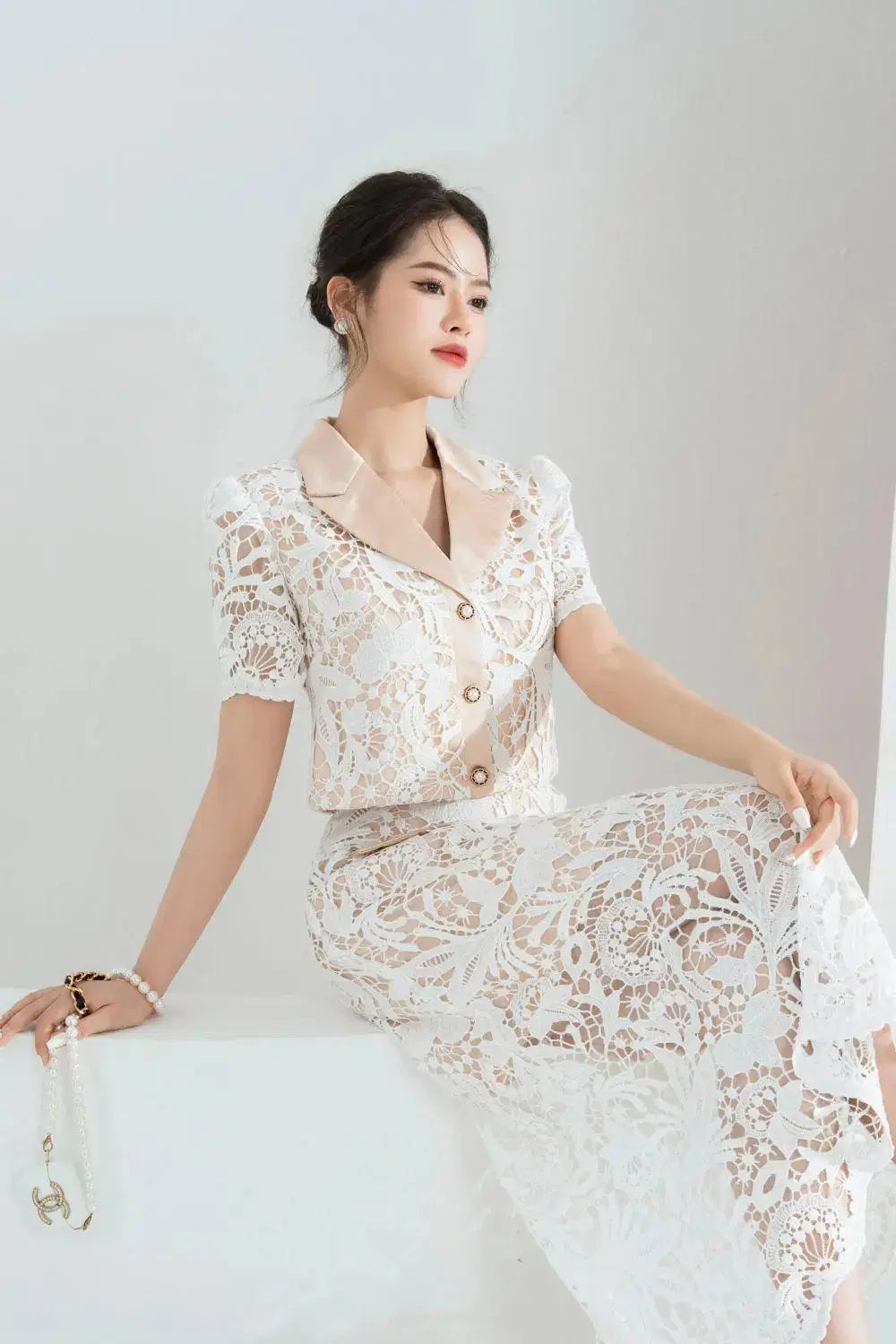 Leona Cropped Peak Lapel Lace Top Skirt Set in White Avalabel