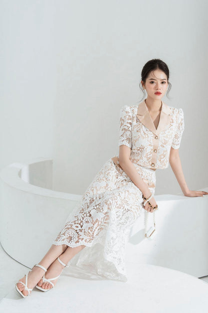 Leona Cropped Peak Lapel Lace Top Skirt Set in White