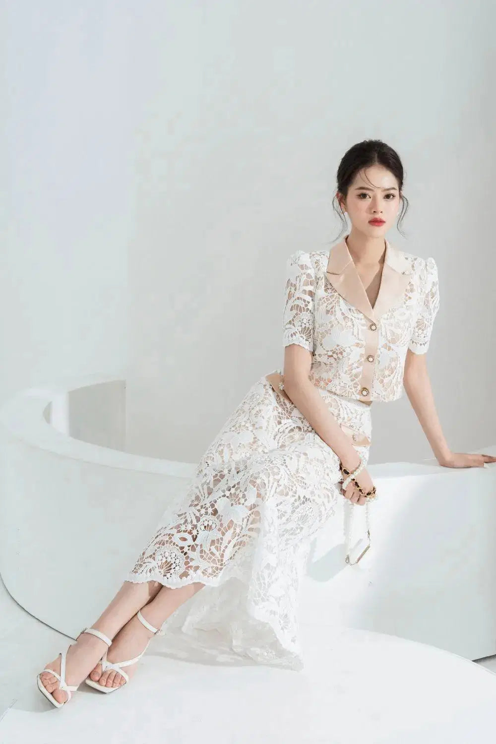 Leona Cropped Peak Lapel Lace Top Skirt Set in White Avalabel